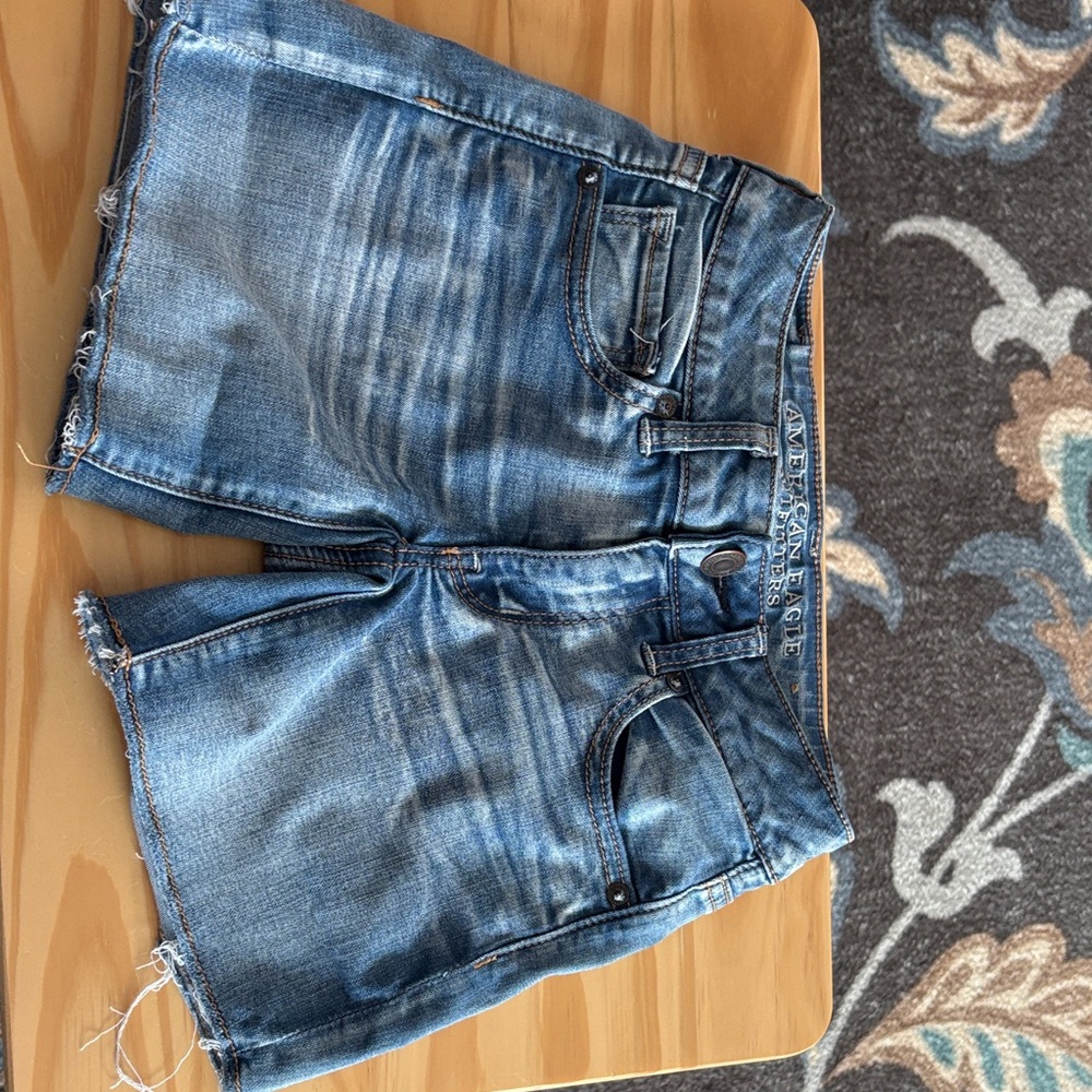 American Eagle Midi Distressed Blue Denim Shorts